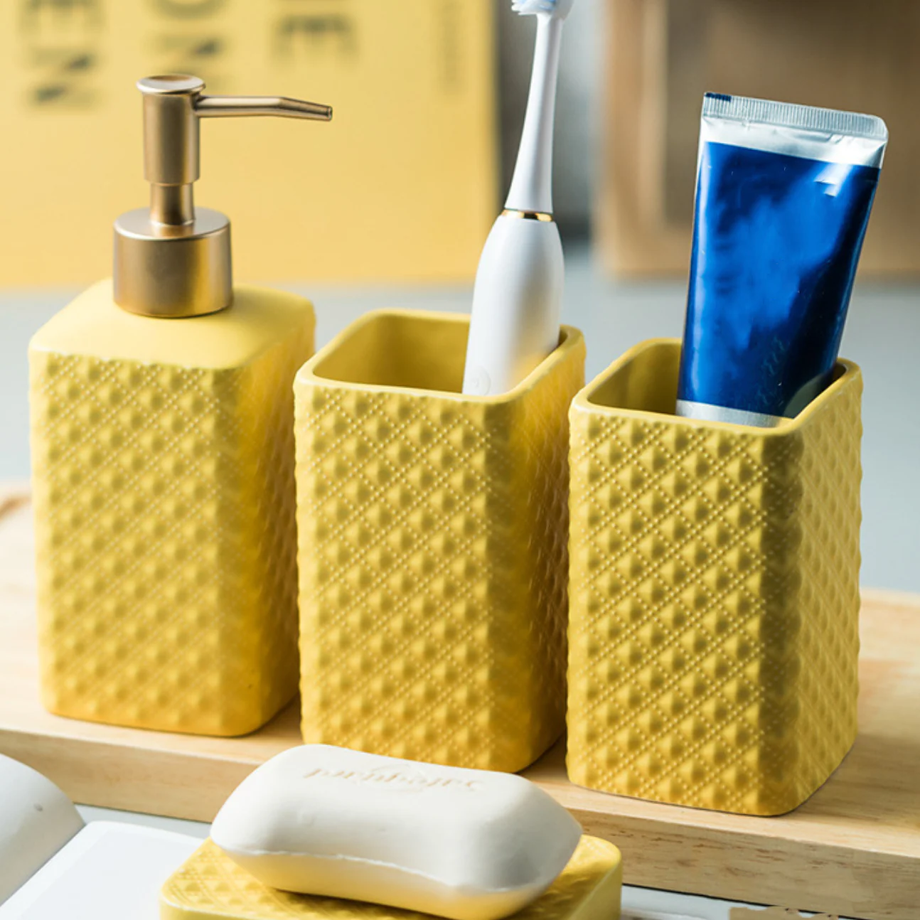 Yellow Bathroom Accessory Set - Image 2