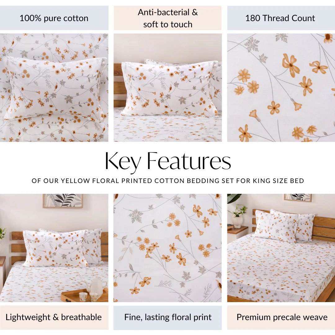 Yellow Floral Printed 180 TC Pure Cotton Bedding Set For King Size Bed 275x275 cm - Image 4