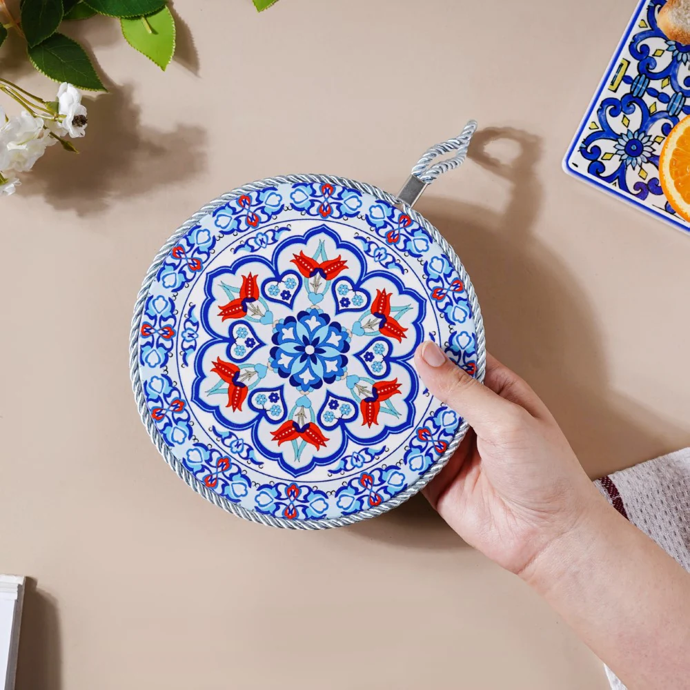 Zellij Art Round Ceramic Trivet With Rope Yellow And Blue 6 Inch - Image 2