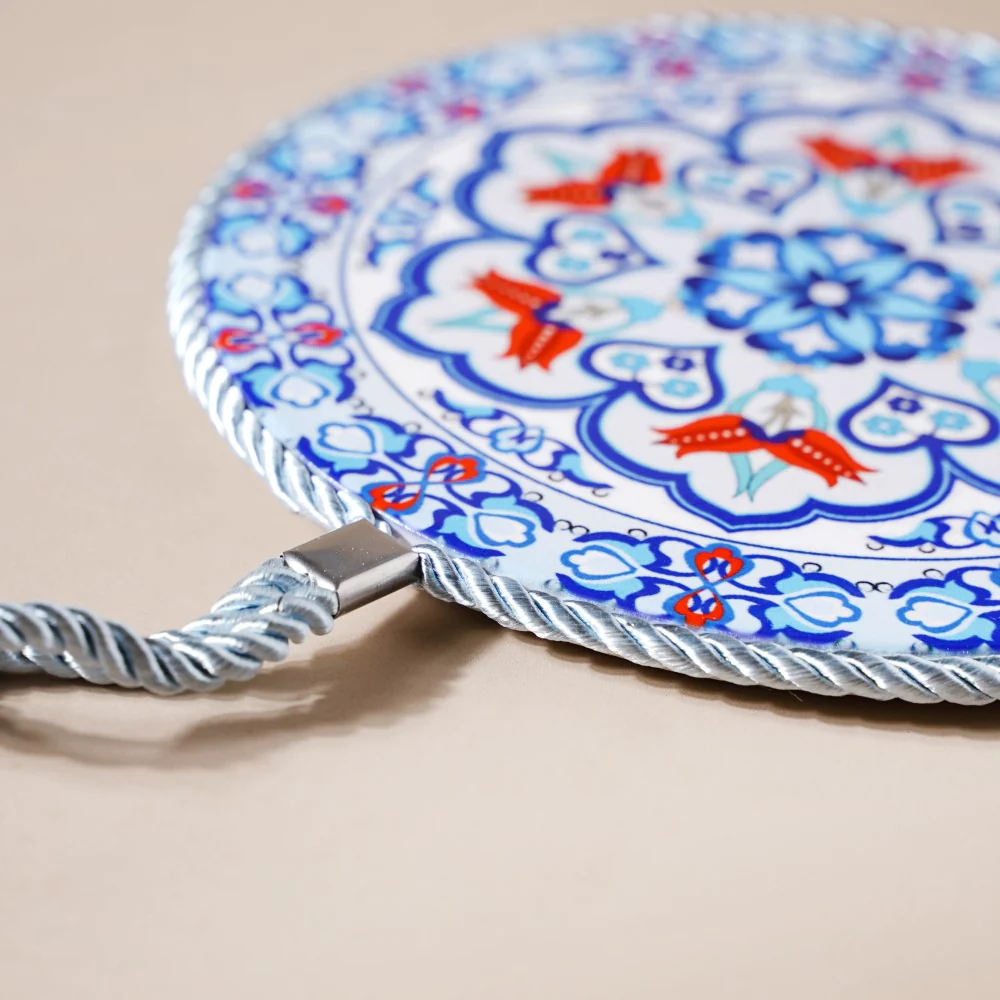 Zellij Art Round Ceramic Trivet With Rope Yellow And Blue 6 Inch - Image 7
